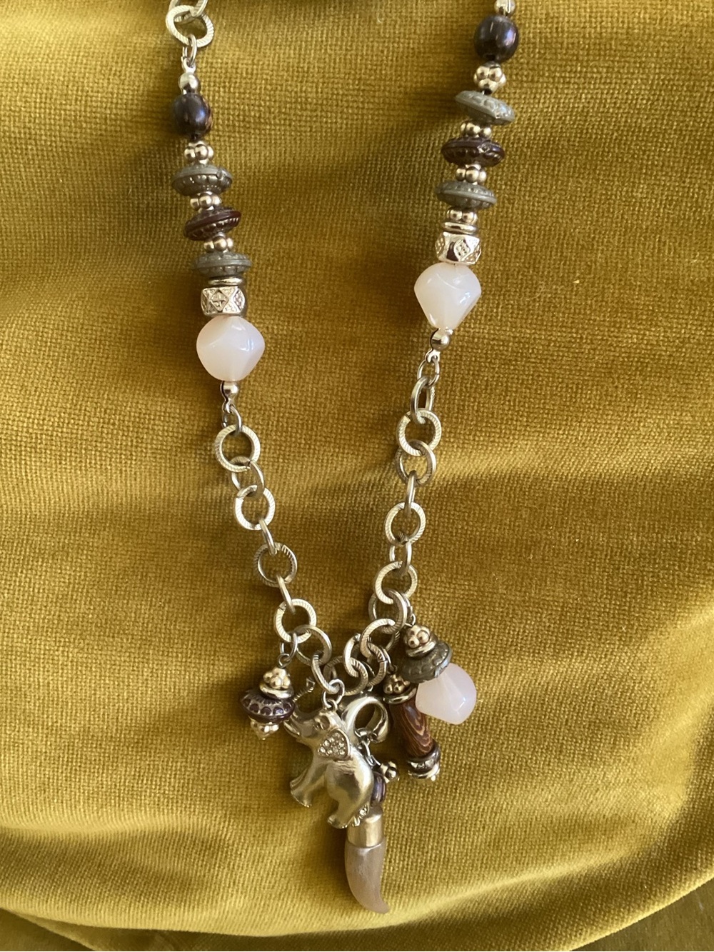 Chico’s Gold-Tone Elephant Charm Necklace with Cream Beads
